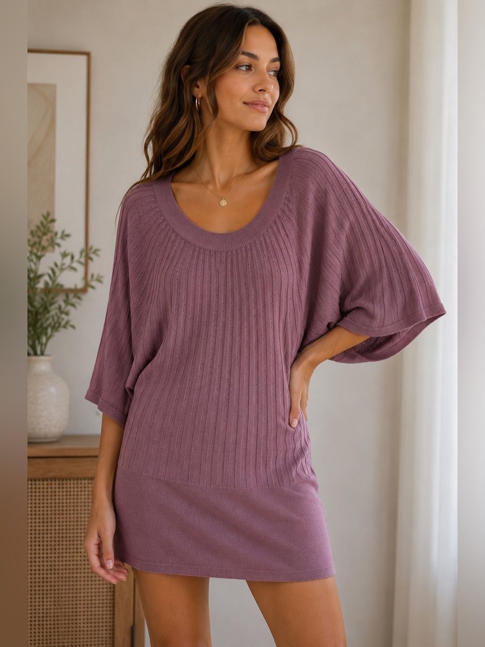 H&M Dusty Mauve Ribbed Scoop-Neck Sweater Dress Tunic Size XS Y2K Cottagecore